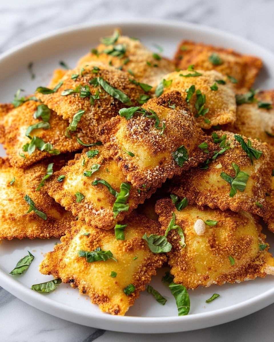A pile of golden brown crispy ravioli with a rough breadcrumb coating, each piece square and slightly puffed. The ravioli are sprinkled with small, fresh green basil leaves scattered on top. They rest on a plain white plate with a white marbled background. The overall texture looks crunchy and appetizing, with the warm golden shades contrasting with the fresh green herbs. photo taken with an iphone --ar 4:5 --v 7