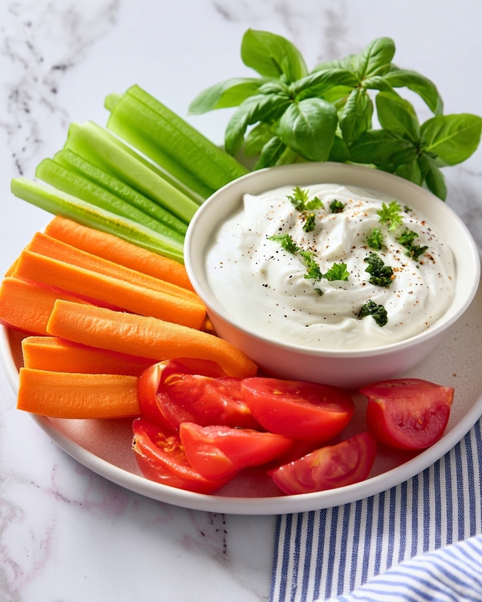 A white bowl filled with thick, creamy white dip topped with chopped green herbs and black pepper sits in the center of a white plate. Around the bowl are neatly arranged fresh vegetable sticks: bright orange carrot sticks on the left, green celery sticks in the middle, and red tomato halves and wedges on the right. There is also a bunch of fresh green basil leaves placed beside the carrot sticks. The setting is on a white marbled surface, with a blue and white striped cloth partially visible in the lower right corner. Photo taken with an iphone --ar 4:5 --v 7
