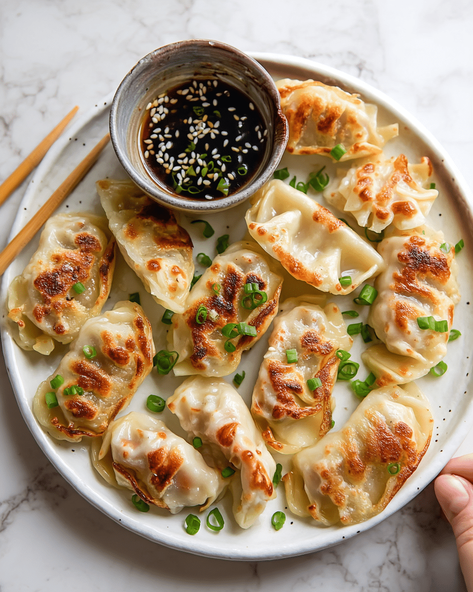 A white plate holds a group of pan-fried dumplings, each with a soft, light beige dough that has golden-brown crispy spots mainly on the tops and edges. These dumplings are filled and sealed with pleated folds, showing a slightly translucent texture in some parts. Scattered bright green chopped scallions are sprinkled over the dumplings, adding color contrast. On the plate, there is a small rustic gray bowl filled with a dark dipping sauce topped with white sesame seeds and more green scallions. The plate sits on a white marbled surface, and next to the plate, a pair of wooden chopsticks is partly visible. photo taken with an iphone --ar 4:5 --v 7