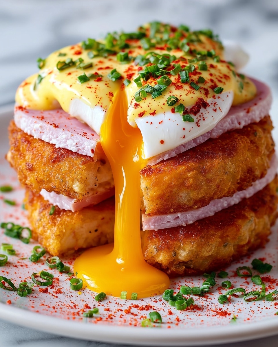 A close-up of a breakfast dish showing four clear layers: at the base, a golden brown crispy hash brown; above that, a thin pink slice of ham; next, a smooth white poached egg with the yolk flowing out in a rich, thick stream of bright orange; and on top, a creamy pale yellow hollandaise sauce sprinkled with green chopped chives and a light dusting of red paprika. The dish is on a white plate with a white marbled surface underneath, with some chives and paprika scattered around. Photo taken with an iphone --ar 4:5 --v 7
