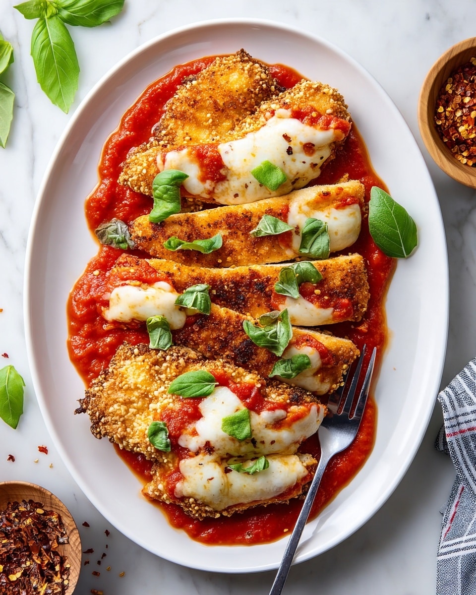 The image shows a white oval plate with a layer of bright red marinara sauce spread on the bottom. On top of the sauce, there are several pieces of golden-brown breaded chicken arranged side by side, some of which are sliced to show the white, tender inside. Melted white mozzarella cheese is layered in spots over the chicken, slightly browned at the edges. Fresh green basil leaves are scattered on top as garnish. A silver fork rests on the bottom edge of the plate. The background is a white marbled surface, with a wooden bowl of crushed red pepper flakes and another wooden bowl of fresh green basil leaves partially visible nearby. Photo taken with an iphone --ar 4:5 --v 7