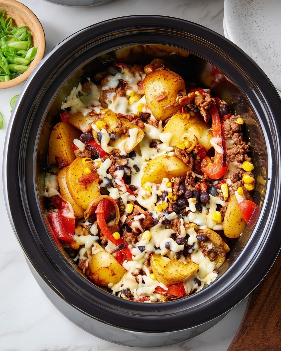 A close-up view inside a black slow cooker filled with a layered dish showing large yellow potato halves seasoned with spices as the base layer, mixed with cooked ground beef and red bell pepper slices. Scattered on top are black beans and corn kernels that add black and yellow pops of color throughout. The whole dish is topped with melted white cheese that covers parts of the ingredients, creating a creamy texture contrasted with the rough ground beef and smooth potato skins. The slow cooker sits on a white marbled surface with some green onion slices partially visible in a wooden bowl nearby. Photo taken with an iphone --ar 4:5 --v 7