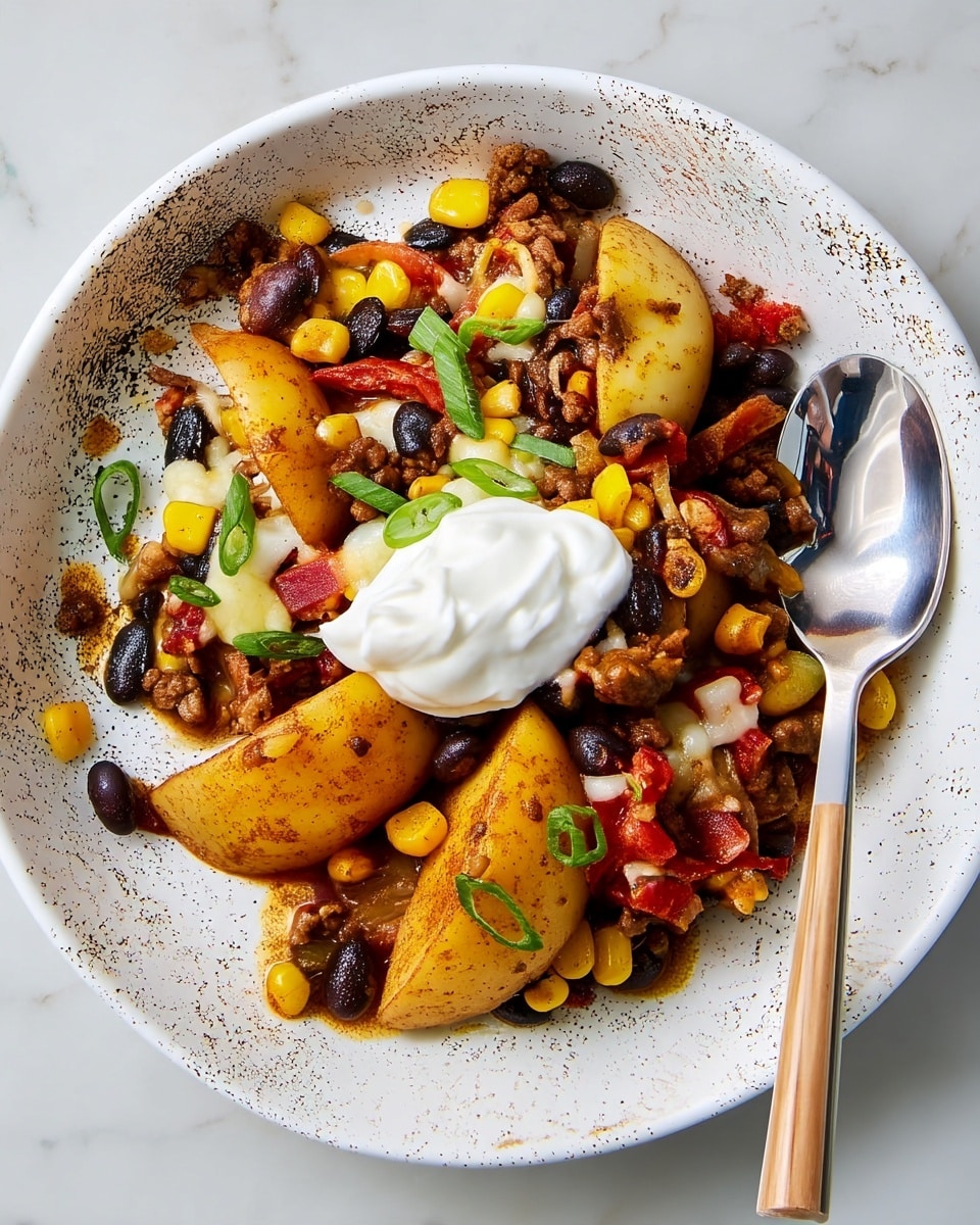 A white plate with speckled brown patterns holds a colorful mix of food featuring three large yellow potato wedges at the base. Mixed around and on top are cooked ground meat, bright yellow corn kernels, black beans, melted white cheese, and chunks of red tomato. Thin slices of fresh green onion are scattered over the dish, adding a fresh touch. A large dollop of smooth white sour cream sits in the center. A spoon with a shiny metal head and light wood handle rests on the right side of the plate. The background is a white marbled texture. Photo taken with an iphone --ar 4:5 --v 7