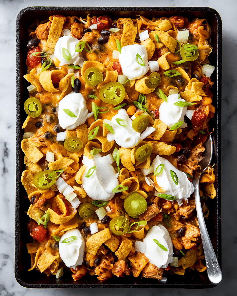 A black rectangular pan filled with a layered dish composed of a bottom layer of melted cheese and cooked chicken pieces, scattered black beans, and bits of diced tomatoes. On top, a crunchy layer of curled, yellow corn chips covers the surface, with bright green slices of jalapeños and pieces of white onion evenly spread throughout. Several dollops of smooth white sour cream sit on top, each garnished with thinly sliced green onion. A silver spoon rests in the bottom right corner of the pan. The scene is set on a white marbled texture. Photo taken with an iphone --ar 4:5 --v 7