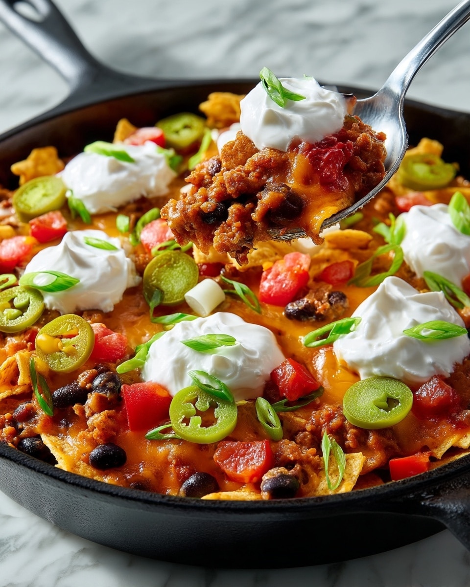 The dish is a layered skillet full of nachos served in a black cast iron pan. The bottom layer is melted cheese mixed with cooked ground meat and black beans, creating a rich orange and brown base, topped with scattered diced red tomatoes and onions. On top of this, there is a thick layer of crispy, golden corn chips spread all over. Next, slices of green jalapeños and chopped green onions are scattered for freshness and color. Five dollops of smooth white sour cream sit evenly spaced across the chips. A close-up metal spoon lifts a generous scoop showing clearly the layers of meat, beans, melted cheese, chips, jalapeños, and onions. The background is a white marbled surface. photo taken with an iphone --ar 4:5 --v 7