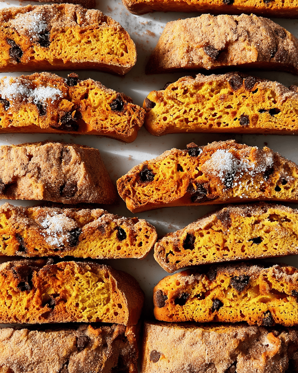 This image shows several slices of biscotti arranged closely on a white marbled surface. Each biscotti piece has one main layer which is golden orange with a porous texture, dotted with dark chocolate chunks inside. The top edges are coated with a rough layer of cinnamon sugar, giving a crunchy and sugary finish. The biscotti slices vary slightly in shape but all have a rustic look with crumbly edges and some sugar sprinkled around them on the surface. photo taken with an iphone --ar 4:5 --v 7