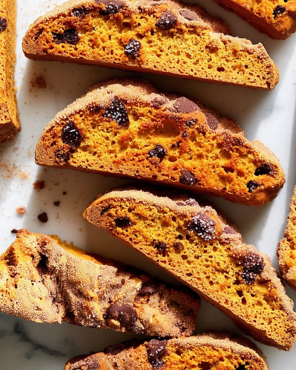 The image shows a close-up of multiple biscotti pieces neatly arranged in rows. Each biscotti slice has a golden orange inside with a slightly rough texture, dotted with dark chocolate chips throughout. The tops of the biscotti have a light brown, crunchy crust sprinkled with sugar and cinnamon, adding a grainy texture. The biscotti slices have an elongated, semi-oval shape, and the white marbled surface beneath adds a clean background. photo taken with an iphone --ar 4:5 --v 7
