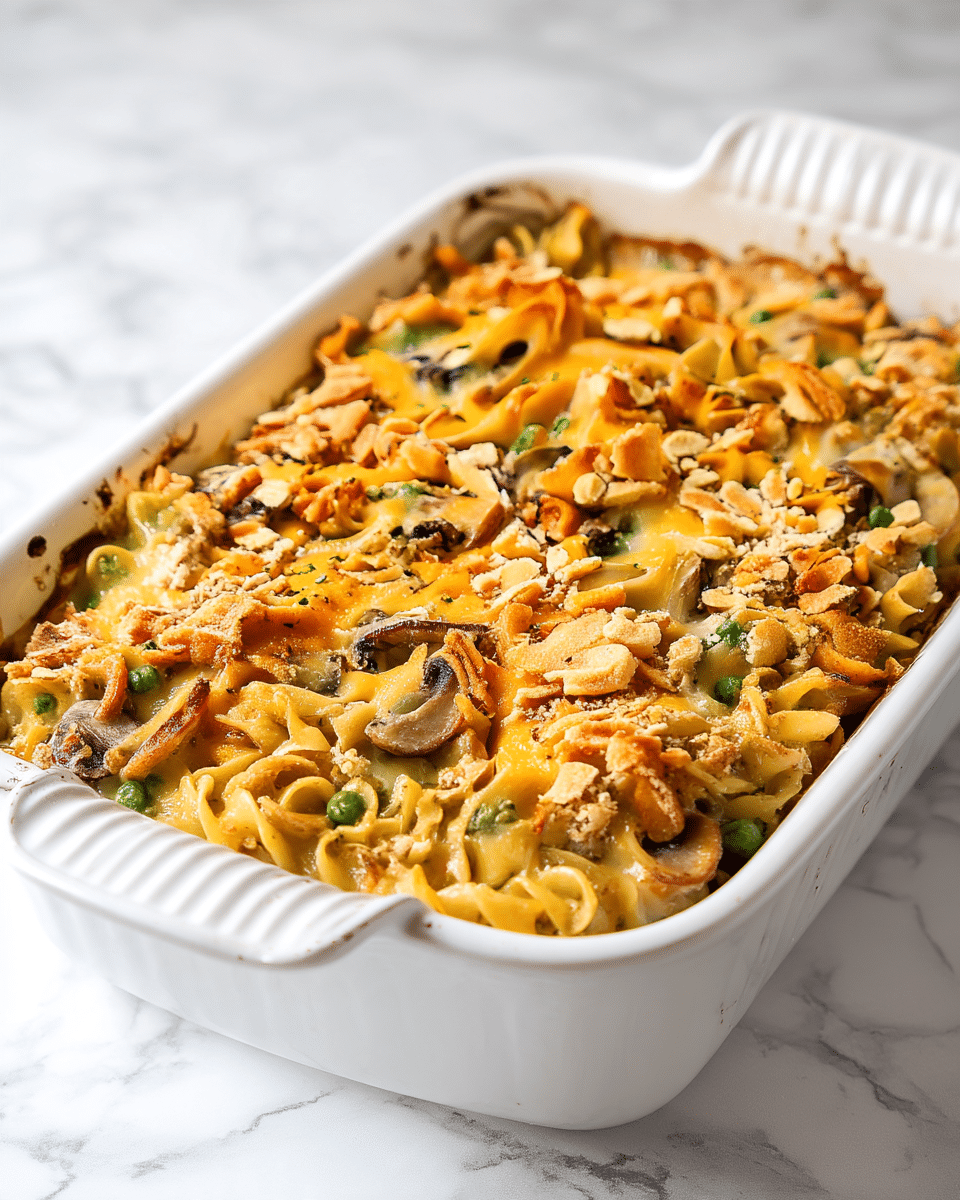 A close-up image shows a baked casserole with broken wide noodles layered with chunks of white chicken meat, green peas, and mushroom slices spread throughout. The top layer is covered with a golden brown cracker crumb crust that looks crunchy and uneven. The texture is a mix of soft pasta and crispy topping, with some toasted edges of the noodles peeking through. A wooden spoon partially scoops into the dish, sitting on the white marbled surface. photo taken with an iphone --ar 4:5 --v 7