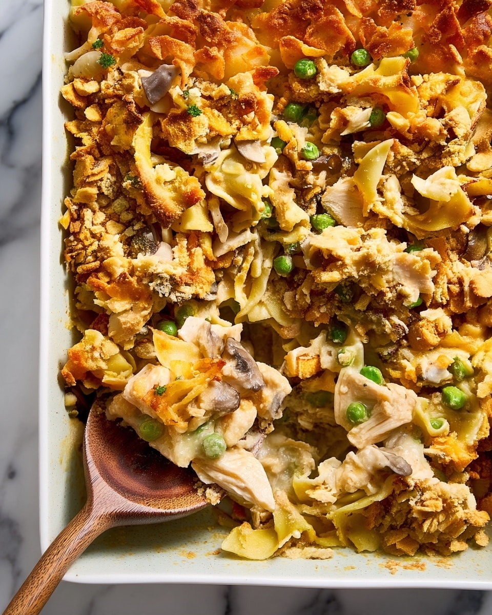 The image shows a baked casserole in a white rectangular dish with handles, placed on a white marbled surface. The casserole has three visible layers: the bottom layer is soft pasta, the middle layer has mixed vegetables including green peas and sliced mushrooms, and the top layer is a golden-brown melted cheese sprinkled with crushed crispy breadcrumbs or crackers, creating a crunchy texture. The edges of the casserole show slight browning, indicating it was baked well. The dish looks hearty and rich in color and texture. photo taken with an iphone --ar 4:5 --v 7