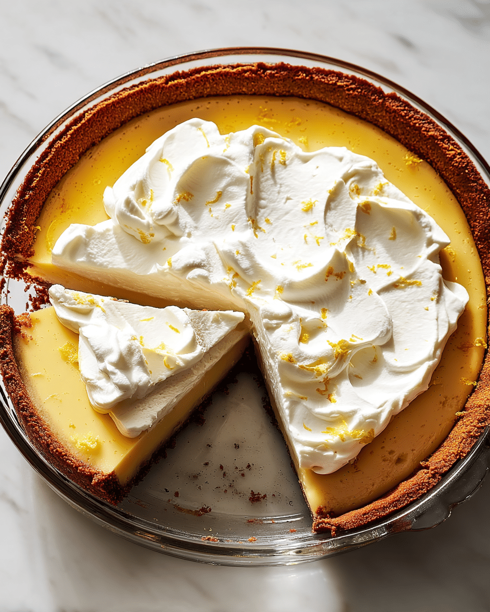 A round tart with three visible layers sits in a clear glass dish on a white marbled surface; the bottom layer is a rough-textured, thick brown crust hugging the dish's edge, the middle layer is a smooth, glossy pale yellow filling with a creamy look, and the top layer is a thick, white, fluffy swirl of whipped cream spread unevenly over the filling, decorated with small sprinkles of yellow zest. One slice of the tart is cut and slightly separated, showing the clean edges of each layer. photo taken with an iphone --ar 4:5 --v 7