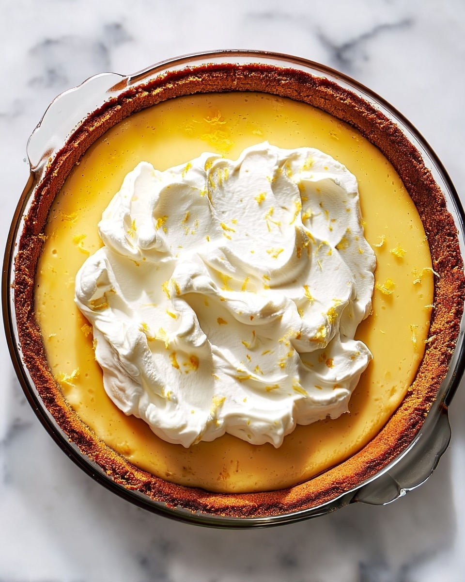 A round lemon pie in a clear glass pie dish sits on a white marbled surface. The pie has three visible layers: the outer layer is a thick, crumbly brown crust pressed along the edge, the middle layer is a smooth and shiny pale yellow lemon filling, and the top layer is a large dollop of fluffy white whipped cream spread unevenly over the center, sprinkled lightly with small pieces of yellow lemon zest. Photo taken with an iphone --ar 4:5 --v 7