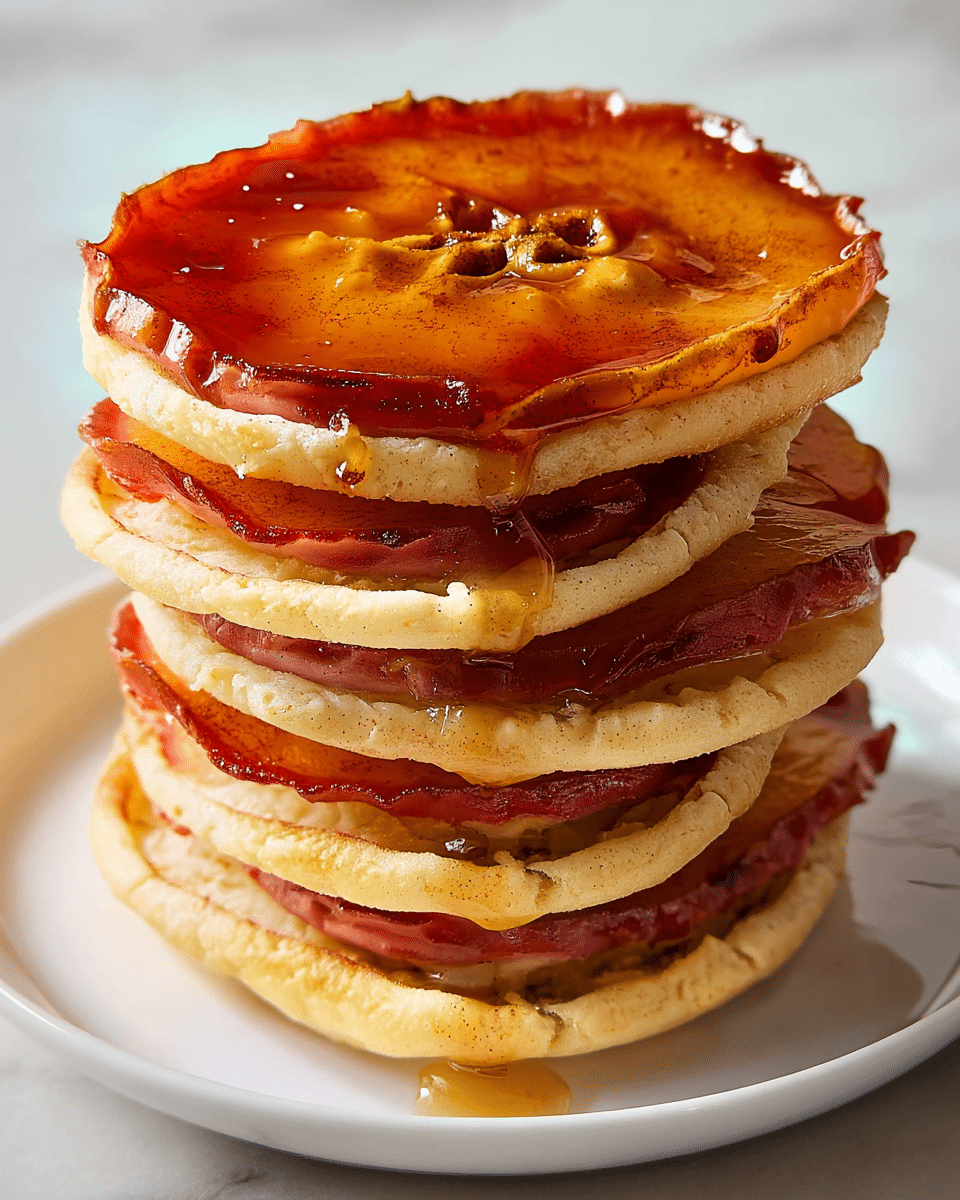 A stack of six pancakes is shown on a white plate with a white marbled texture underneath. The pancakes have a light golden color with a soft and fluffy texture. Between each pancake, there is a thin layer of browned, crispy bacon that has a dark reddish-brown hue with a slightly glossy surface. The top pancake has a shiny, smooth, amber-colored syrup layer with a slightly darker edge and a small pattern in the center, which looks like four small holes with syrup pooling around them. The syrup drips too slightly around the edges. The overall image has soft lighting highlighting the textures and colors. photo taken with an iphone --ar 4:5 --v 7