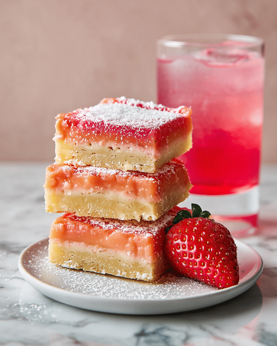A tall stack of four square dessert bars sits centered on a white plate, each bar with two layers: a thicker, pale yellow bottom layer with a crumbly texture, and a thinner, glossy pink top layer that looks creamy. A light dusting of white powdered sugar falls gently over the top bar and around the plate. To the right, a glass of pink drink with condensation and ice is partially visible, with a fresh red strawberry placed at the base of the glass. The whole scene is set on a white marbled surface with a soft, pinkish-beige blurred background, giving a fresh and clean feel. Photo taken with an iphone --ar 4:5 --v 7