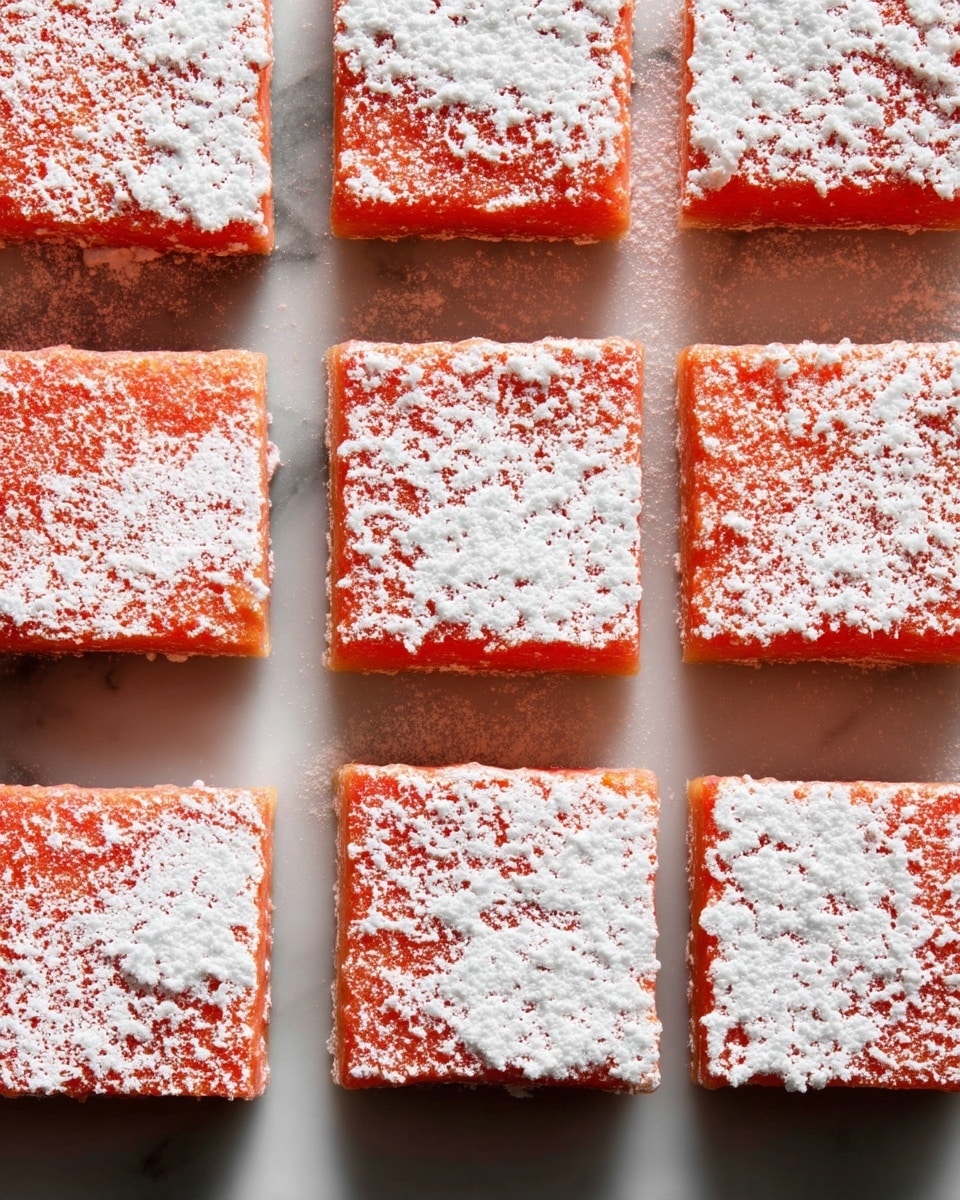 The image shows many square pieces of bright orange-red dessert arranged in a grid pattern on a white marbled surface. Each piece is about the same size and shape, with a smooth, slightly glossy texture on top. A light dusting of white powdered sugar covers the top of each square unevenly, giving a soft, powdery look that contrasts with the orange-red base. The squares are placed closely together with thin gaps between them, and the light highlights the fine texture of the powdered sugar. photo taken with an iphone --ar 4:5 --v 7