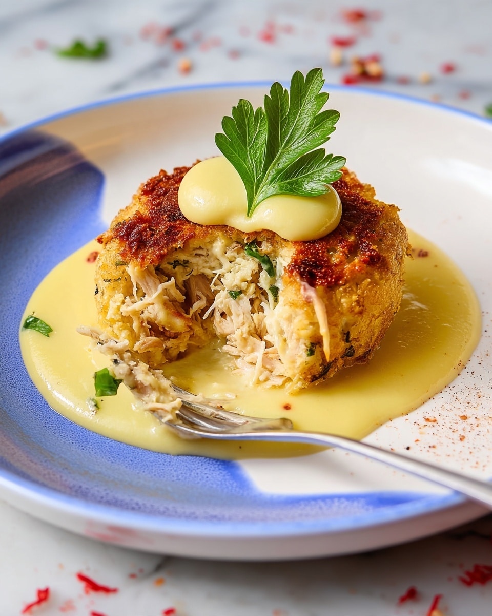 A round crab cake with a golden brown crispy crust sits on a smooth, pale yellow sauce spread in a circle on a white plate with blue accents near the edges. The crab cake has visible shredded crab meat inside with some green herbs. On top, there is a dollop of creamy pale yellow sauce topped with a single fresh green parsley leaf. The crab cake has a piece cut out, showing a soft and flaky inside with crab meat strands. A silver fork is partially cutting the crab cake from the bottom right corner of the frame. The plate is on a white marbled surface with some scattered red seasoning around the edges. photo taken with an iphone --ar 4:5 --v 7