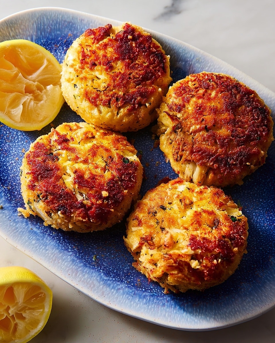 Five golden brown crab cakes sit closely together on a white oval plate with a textured deep blue center. The cakes have a crispy, crumbly crust with small bits of crab meat and herbs visible throughout. Each cake is thick and round, with uneven surfaces showing the mixture inside. To the left of the plate, a half lemon with the flesh exposed rests on a white marbled surface, adding a fresh yellow contrast. The lighting highlights the crunchy texture and warm colors of the cakes. photo taken with an iphone --ar 4:5 --v 7