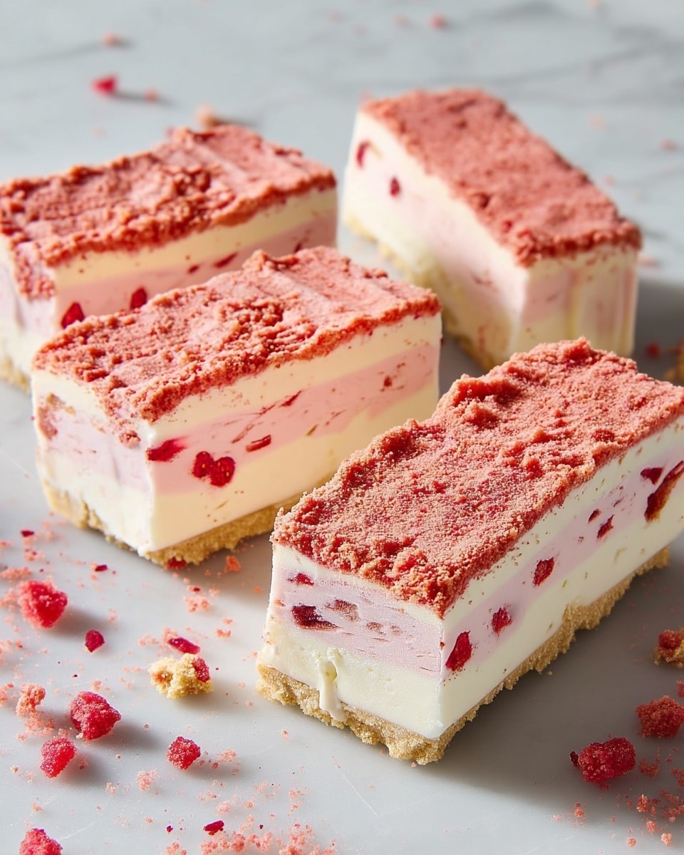 The image shows five rectangular ice cream bars placed on a white marbled surface. Each bar has three distinct layers: a bottom layer of light brown crumbly biscuit base, a middle creamy white ice cream layer with small bits of red fruit mixed in, and a top layer of pale pink ice cream scattered with bright red fruit pieces. The bars are topped with a crumbly pink coating that is spread evenly and slightly rough in texture. Some crumbs and bits of the pink coating are scattered around the bars on the surface. photo taken with an iphone --ar 4:5 --v 7