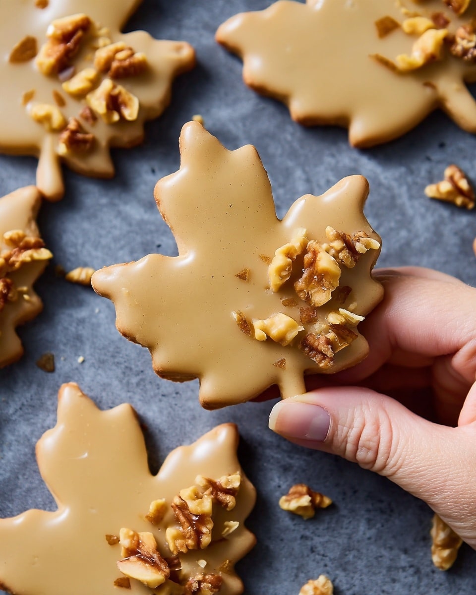 A close-up of several light caramel-colored cookies shaped like maple leaves, each with a smooth, slightly glossy surface. The cookies are thin with a neat outline, and some have small pieces of chopped walnuts scattered on top, adding texture and a natural brown color. A woman's hand is gently picking up one cookie, showing its thinness and crisp edges. The cookies rest on a dark grey textured background that should be imagined as a white marbled surface for the prompt. Photo taken with an iphone --ar 4:5 --v 7