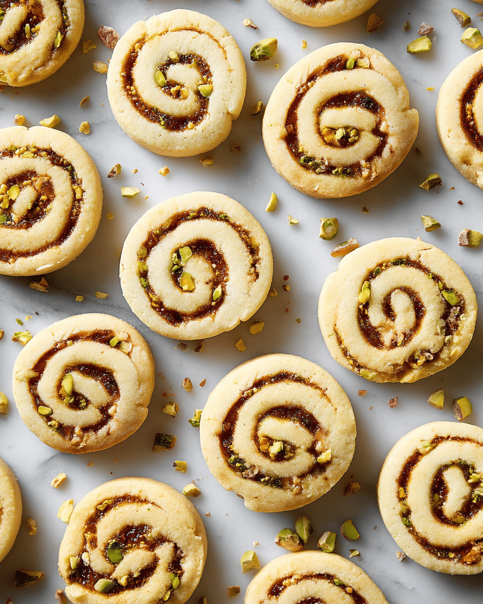 The image shows many round cookies arranged closely in neat rows on a white marbled surface. Each cookie has a smooth light beige base layer with a thin spiral of golden brown filling inside, sprinkled with small chopped green pistachio pieces. Small bits of pistachio are also scattered around the cookies. The cookies have a soft, crumbly texture with slight cracks on the edges. The photo is taken from directly above, showing uniform size and shape in the cookies. photo taken with an iphone --ar 4:5 --v 7