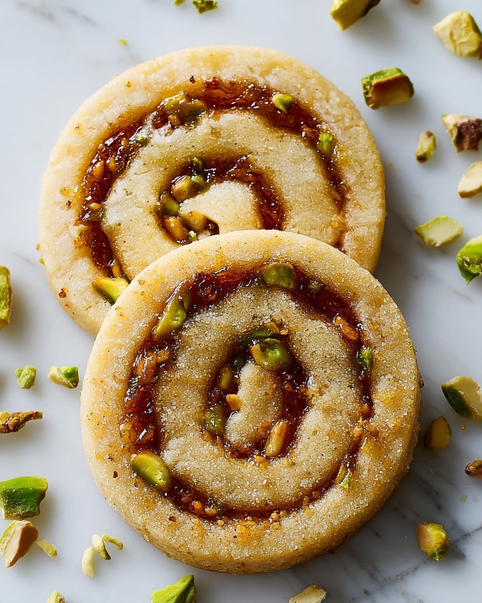 The image shows two round cookies placed close together on a white marbled surface. Each cookie has a light beige dough base with a spiral pattern of golden brown caramel or syrup embedded inside, mixed with chopped pieces of green pistachio nuts. The texture of the dough looks soft and slightly crumbly, while the caramel layer appears shiny and sticky. Small fragments of pistachio are scattered around the cookies on the surface, adding a bit of color contrast. photo taken with an iphone --ar 4:5 --v 7