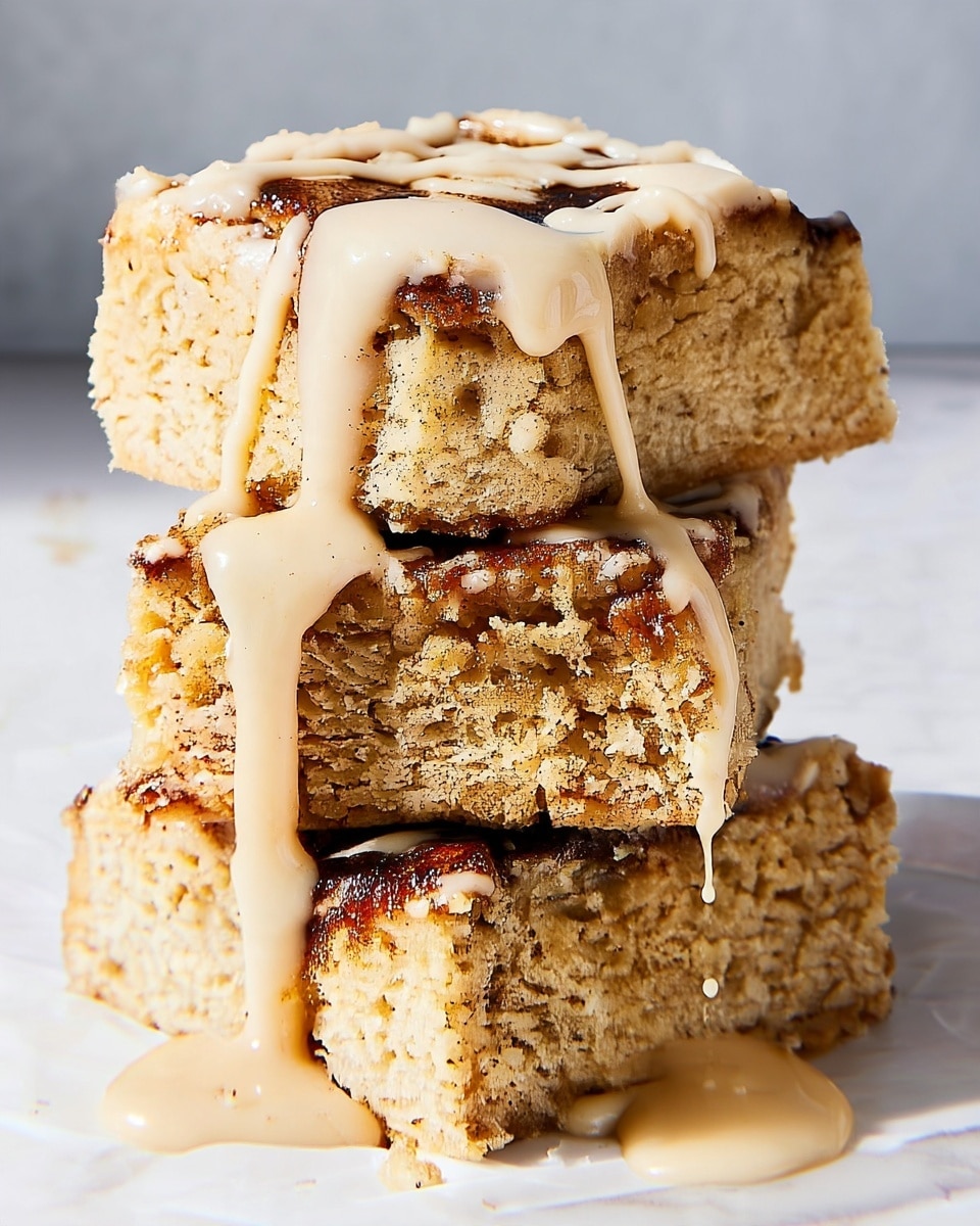 A stack of three thick, square blondies with a golden brown, slightly crumbly texture, each layer showing a soft crumb and specks of darker cinnamon swirl on top. A creamy, light beige sauce drips generously from the top blondie down the sides, pooling slightly at the base on a white marbled surface. The sauce has a smooth, glossy texture and contrasts with the matte texture of the blondies, with some drips caught mid-flow on the front side. photo taken with an iphone --ar 4:5 --v 7
