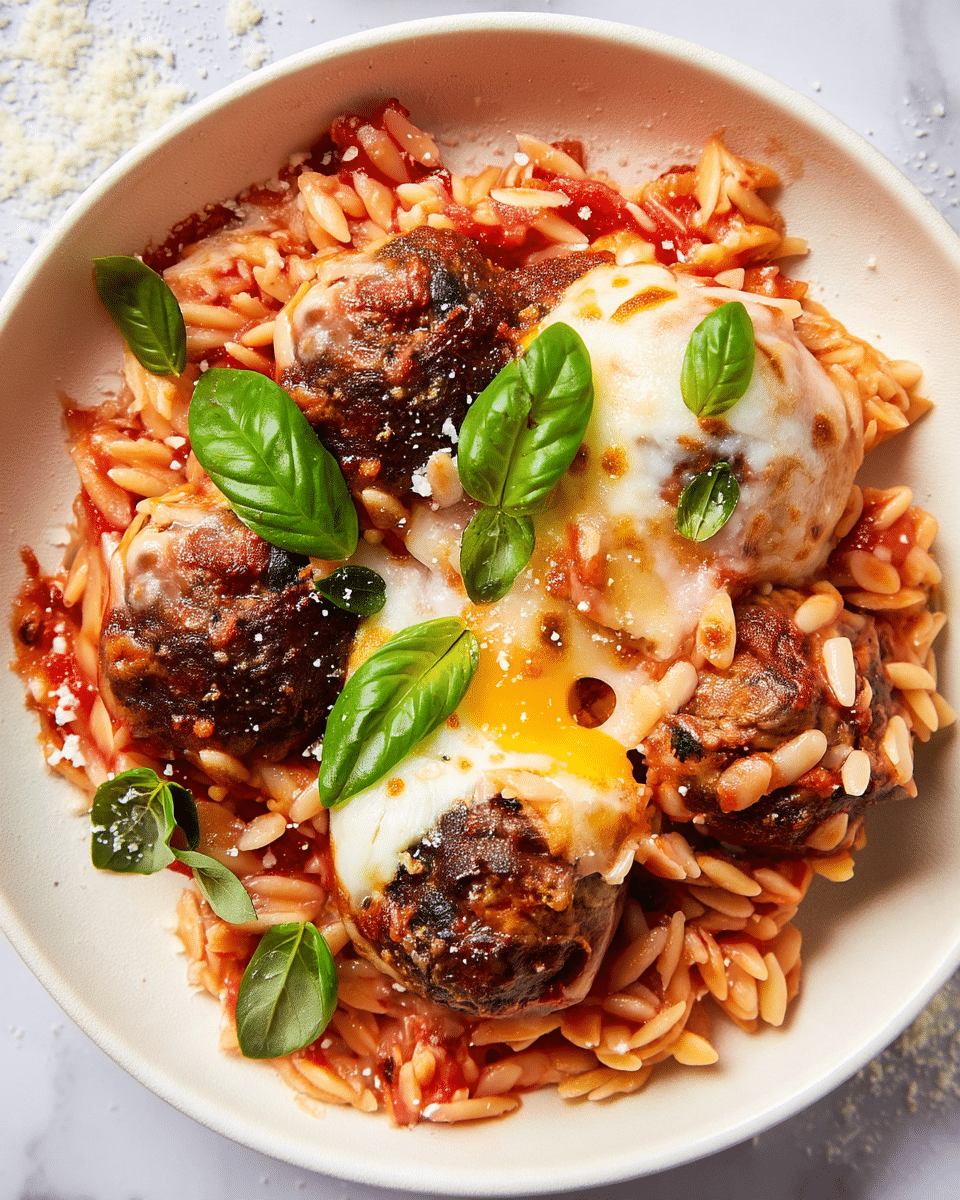 A white bowl holds a layered dish with the bottom layer of red tomato sauce mixed with orzo pasta, which is orange-red and textured with soft, small grain shapes spread evenly. On top, four browned and slightly crispy meatballs sit, each covered with melted, bubbling white mozzarella cheese that is golden and browned in spots. Bright green fresh basil leaves dot the surface, along with a light sprinkle of grated white Parmesan cheese on the dish. The bowl is placed against a white marbled texture background with some grated cheese scattered nearby. photo taken with an iphone --ar 4:5 --v 7