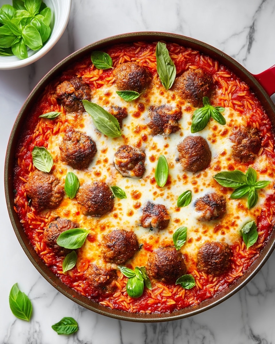 The dish shows a round pan filled with three main layers: the bottom layer is red tomato sauce mixed with orange-red cooked orzo pasta, covered by a thick, even layer of melted, bubbly white cheese with golden brown spots, and the top layer consists of browned meatballs evenly scattered across the surface, each with a crispy texture. Fresh green basil leaves are placed on top of the cheese and meatballs, adding a pop of color. The pan is set on a white marbled surface with part of a white bowl holding more basil leaves visible in the corner. photo taken with an iphone --ar 4:5 --v 7