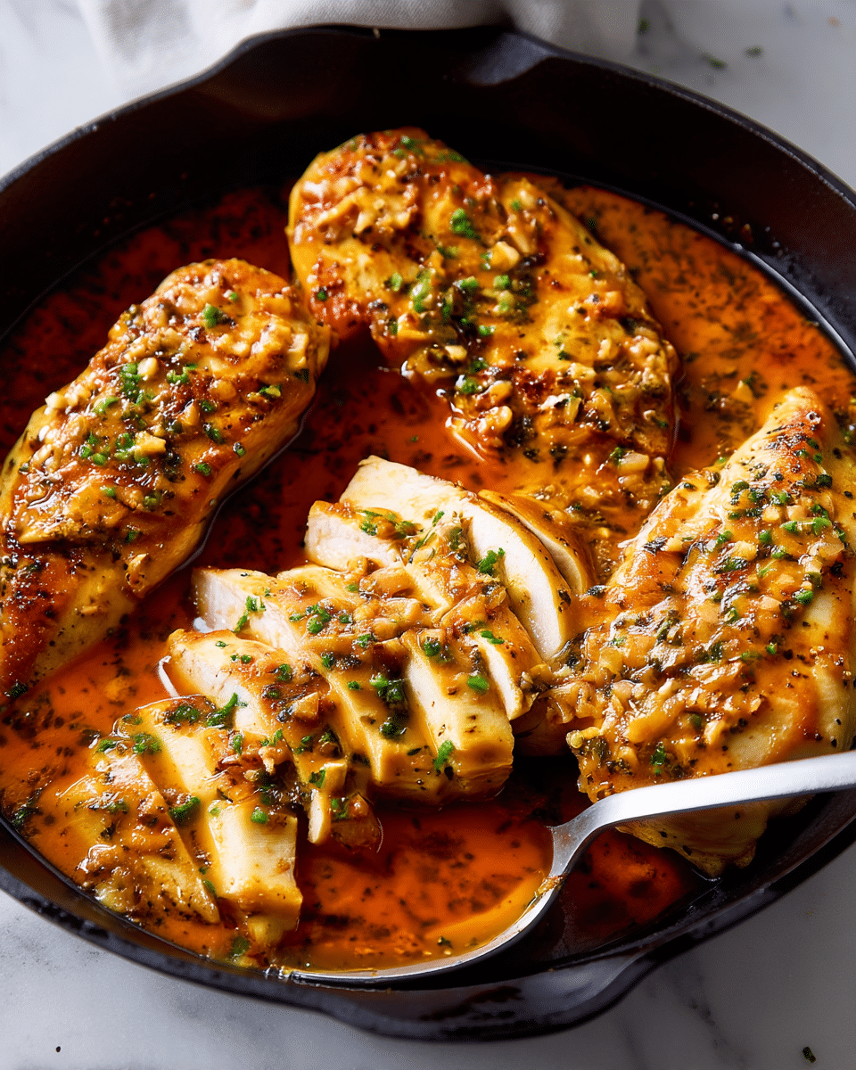 A close-up view of four cooked chicken breasts in a black cast iron pan filled with a rich, orange-brown sauce. The chicken is golden-brown with a slightly crispy outside layer, glistening from the sauce, and topped with small pieces of cooked onions and sprinkled green herbs. One chicken breast is sliced into even pieces, showing its white juicy inside. The sauce surrounds the chicken, thick and glossy, with visible small chunks of ingredients adding texture. A silver spoon rests inside the pan partially under the sliced chicken. The pan sits on a white marbled surface. photo taken with an iphone --ar 4:5 --v 7