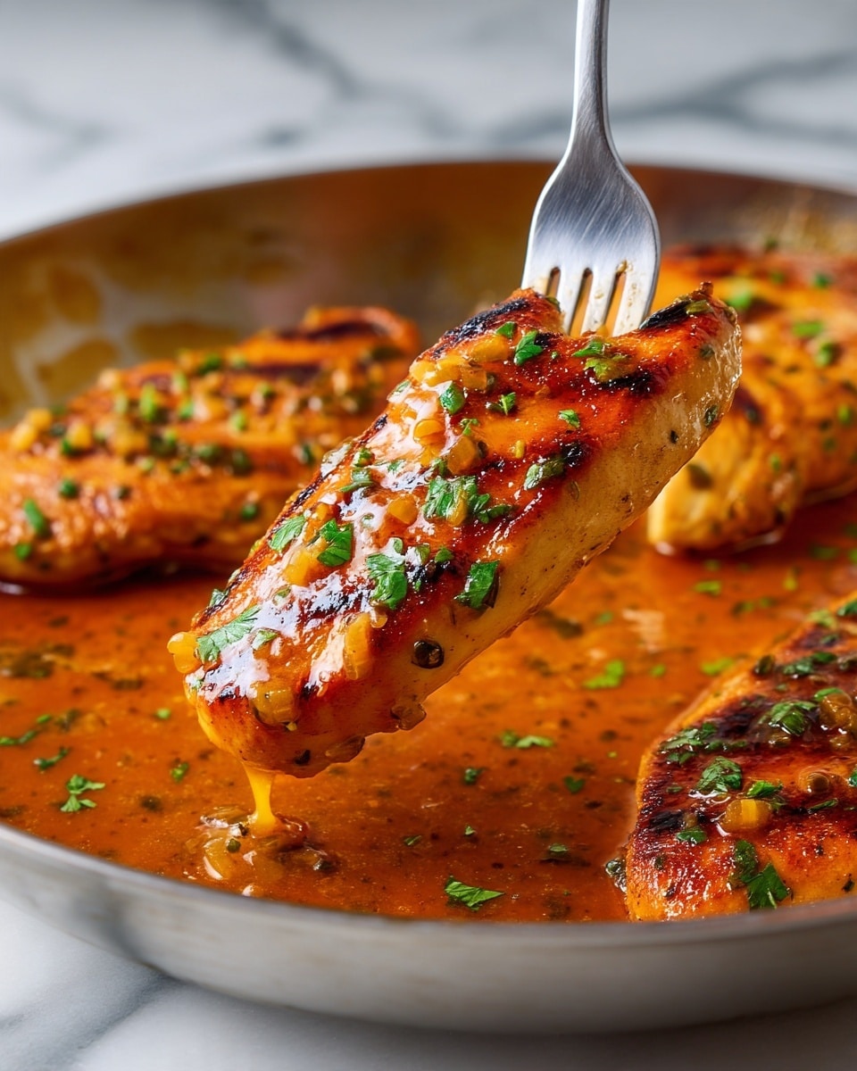 A close-up of a cooked chicken breast piece lifted by a silver fork above a pan, with rich orange-brown sauce coating the chicken and pooling around it. The chicken has a juicy texture with visible grill marks and chopped green herbs sprinkled on top. The sauce looks thick and glossy, with small pieces of onion and herbs mixed in, covering the chicken evenly and dripping slightly from the piece on the fork. The background shows other chicken pieces in the pan, partially covered with sauce and herbs, all sitting on a white marbled surface. Photo taken with an iphone --ar 4:5 --v 7