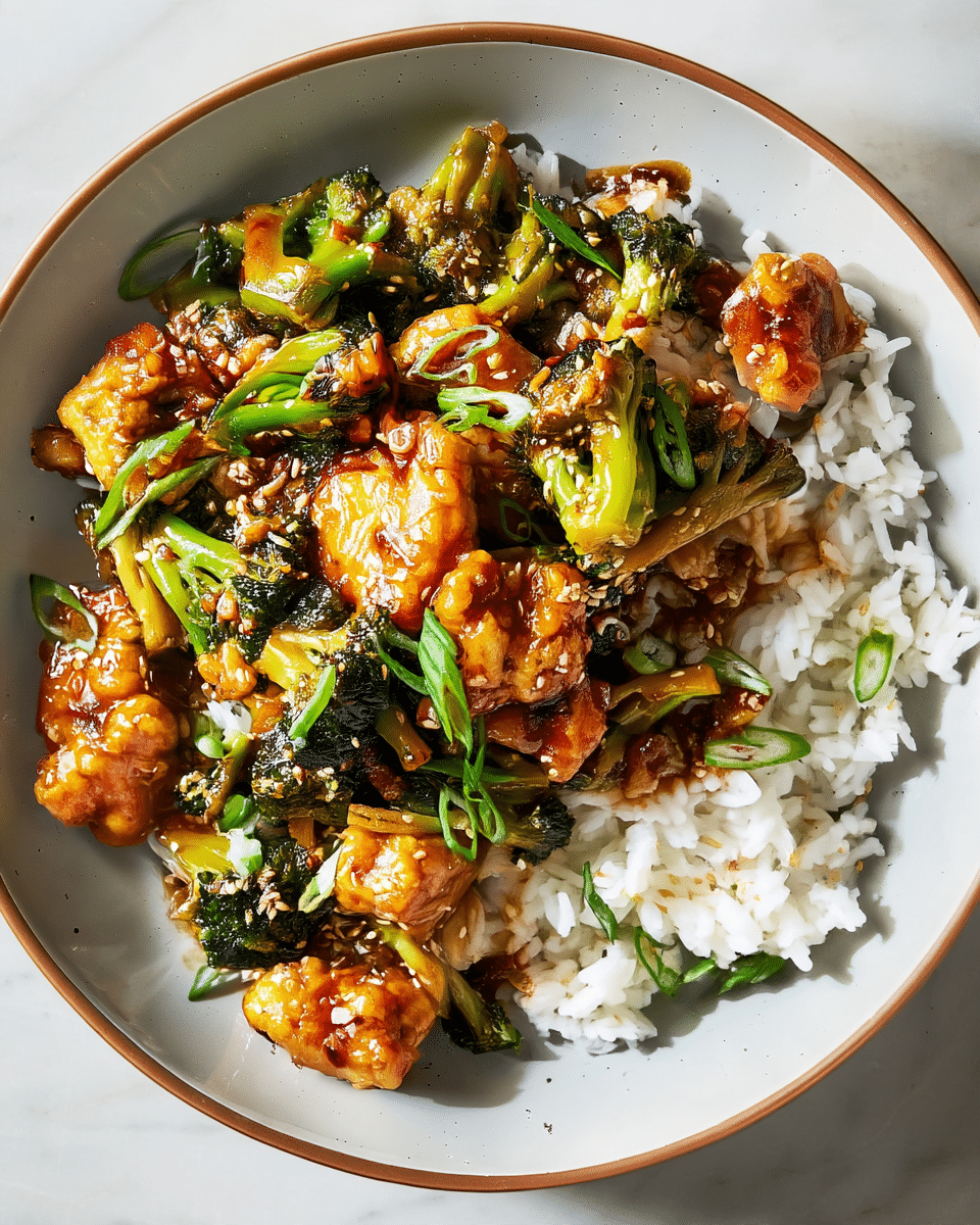A shallow white bowl with a thin brown rim holds a dish arranged in two main layers. On the bottom is a layer of soft, fluffy white rice that fills about half the bowl on one side. On top and partially over the rice is a mix of bright green broccoli florets with dark toasted edges and golden-brown battered pieces coated in a shiny reddish-brown sauce. The dish is sprinkled with small white sesame seeds and thin slices of fresh green scallions scattered over the top, adding texture and color contrast. The bowl sits on a surface with a white marbled texture. photo taken with an iphone --ar 4:5 --v 7