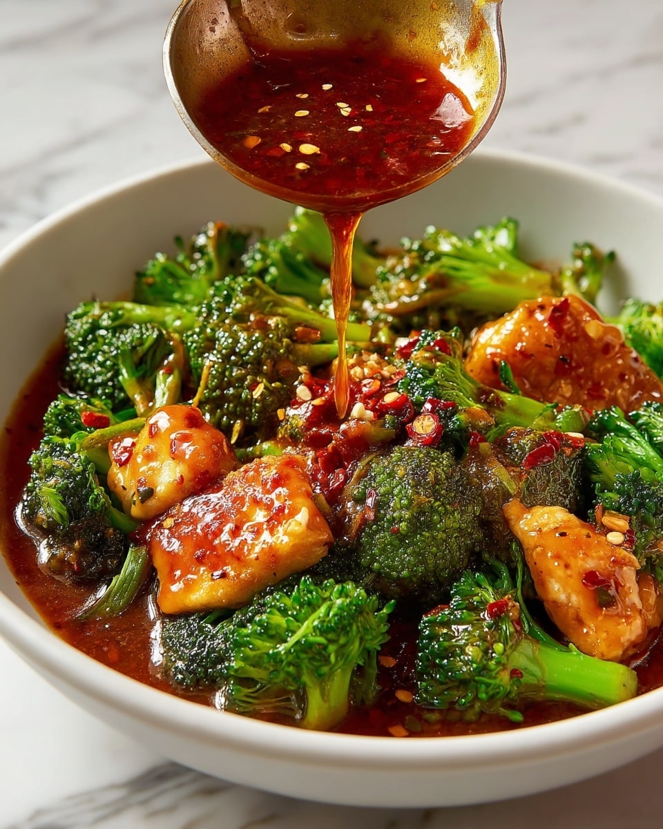 The image shows a close-up of a stir-fry dish with three main layers: bright green broccoli florets with a slightly textured surface, golden-brown chicken pieces with a crispy exterior, and a thick, glossy reddish-brown sauce with visible chili flakes dripping from a ladle above the dish; the food is in a white bowl placed on a white marbled textured surface, with the sauce making the ingredients shine and look juicy. photo taken with an iphone --ar 4:5 --v 7