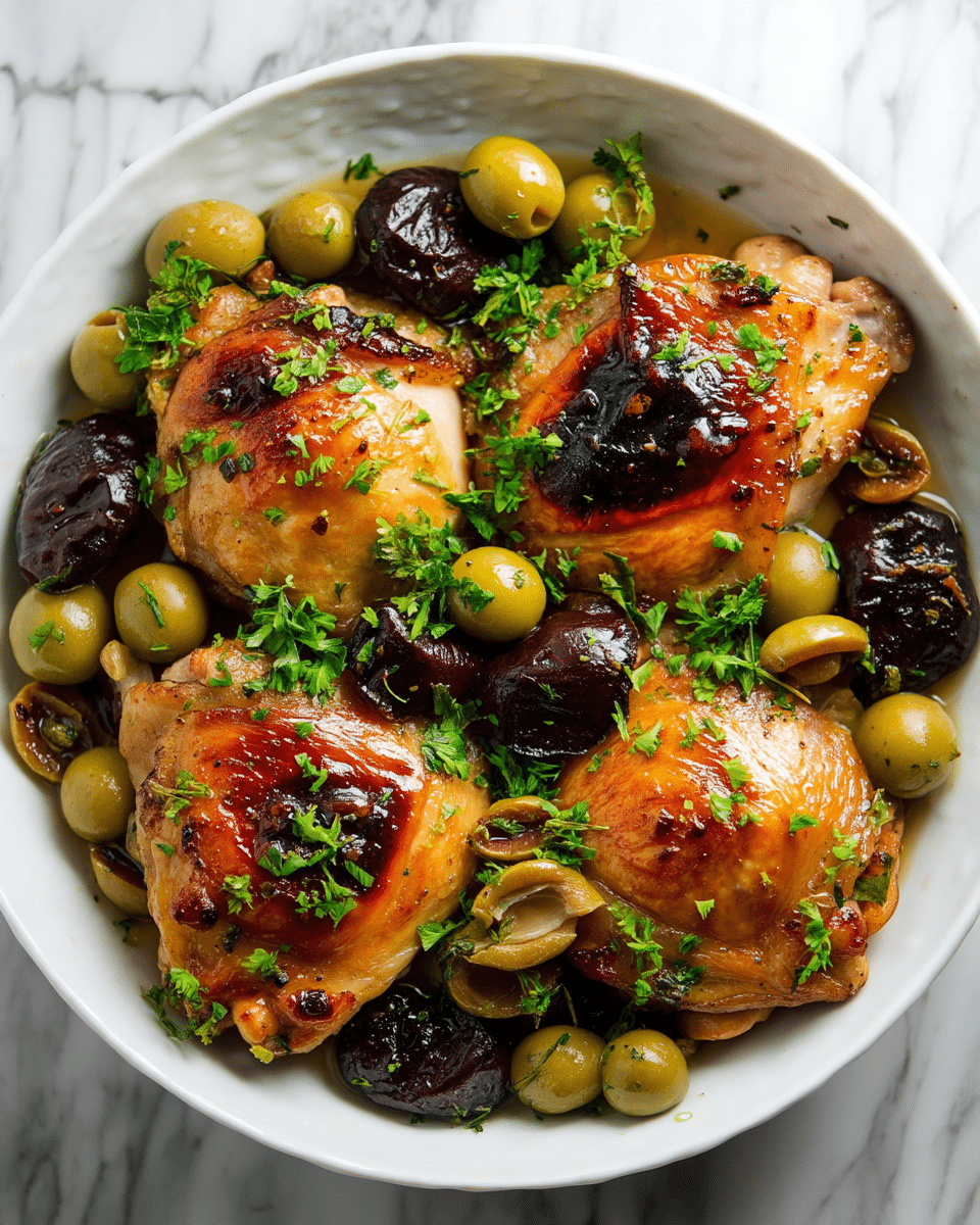 The image shows a white bowl filled with three large pieces of roasted chicken thighs with golden-brown and shiny skin, some parts slightly charred dark brown to black. Surrounding and partly under the chicken are many sliced green olives and dark black prunes, mixed with small green capers. Fresh chopped green herbs are sprinkled over the chicken and olives, adding a bright touch of color. The bowl is set on a white marbled surface. photo taken with an iphone --ar 4:5 --v 7