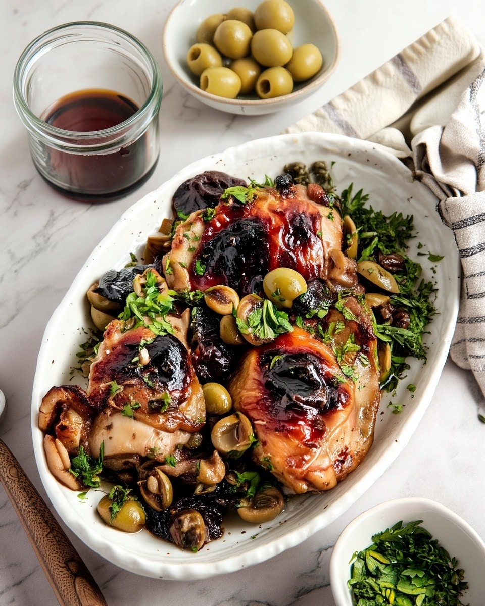 The dish shows three browned chicken thighs with crispy, dark charred spots on top, layered over a mix of sliced green olives and mushrooms, with whole prunes and capers scattered around. Fresh green chopped herbs are sprinkled on top, adding bright color contrast to the rich browns and greens of the ingredients. The food sits in a white, shallow, rustic-style oval bowl. In the background, there is a clear jar of dark liquid and a smaller white bowl filled with more green olives, all placed on a white marbled surface. A beige and striped cloth napkin is slightly visible near the top right corner. Photo taken with an iphone --ar 4:5 --v 7