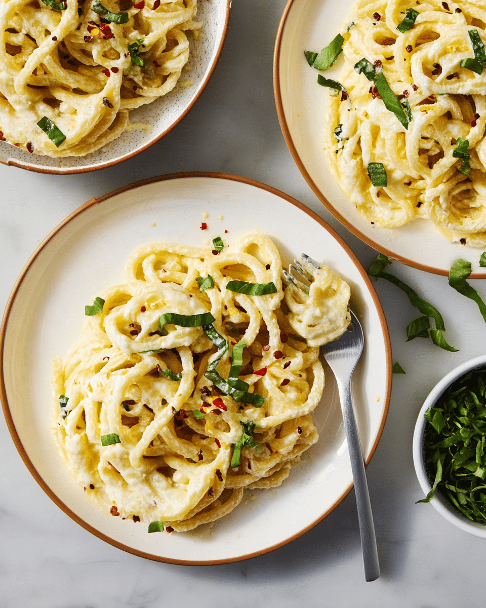 Two plates of creamy pasta with thick, curled noodles coated in a light yellow sauce with small, rough bits, scattered with thin green basil slices and tiny red chili flakes. Each pasta portion forms loosely swirled piles in large, shallow white plates with brown rims, set on a white marbled surface. A silver fork rests on one plate, partially under the pasta. In the corner, a bowl filled with chopped green basil pieces is visible. Photo taken with an iphone --ar 4:5 --v 7