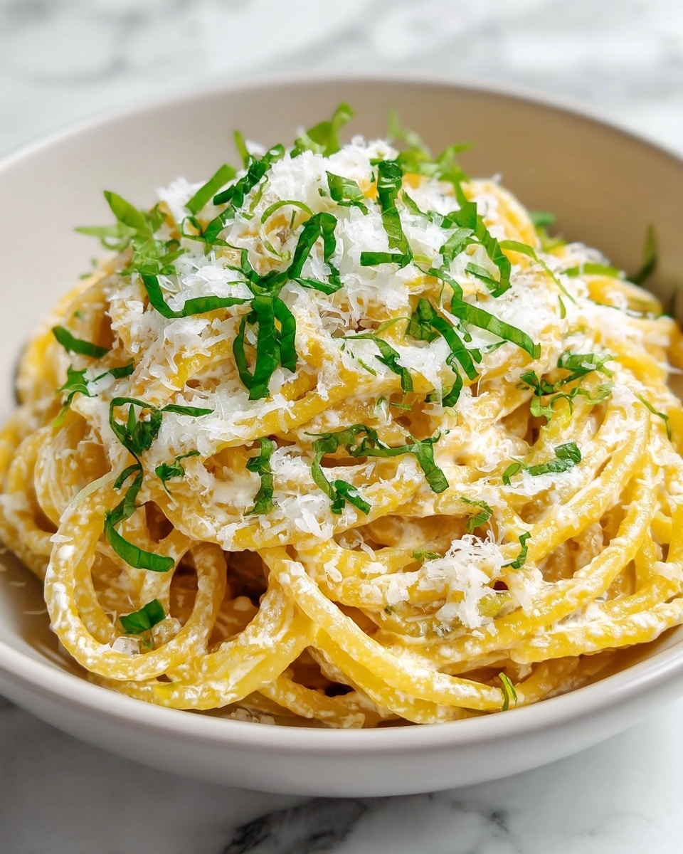 A close-up of a bowl of spaghetti with creamy sauce, the noodles thick and golden-yellow, coated evenly with a smooth white cheese cream. Fresh green basil strips are scattered on top, adding contrast. The spaghetti is sprinkled with finely grated white cheese, giving a fluffy texture to the dish. The food is served in a white bowl, resting on a surface with white marbled texture. photo taken with an iphone --ar 4:5 --v 7