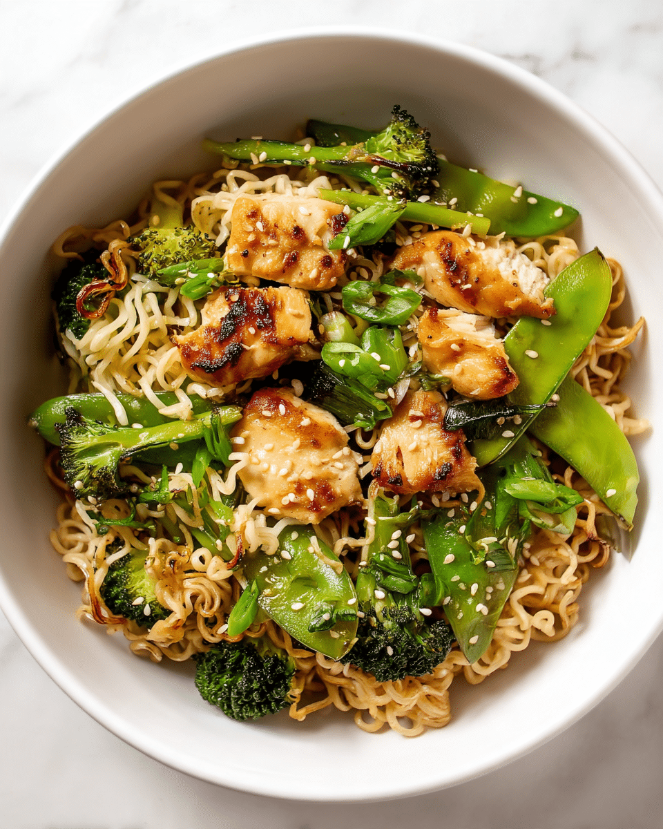 A close-up of a white bowl filled with three layers: at the bottom, light brown cooked ramen noodles with some darker browned spots; in the middle, bright green snap peas and broccoli florets that have slight char marks; on top, pieces of golden brown grilled chicken, sprinkled with white sesame seeds. The bowl sits on a white marbled surface. photo taken with an iphone --ar 4:5 --v 7