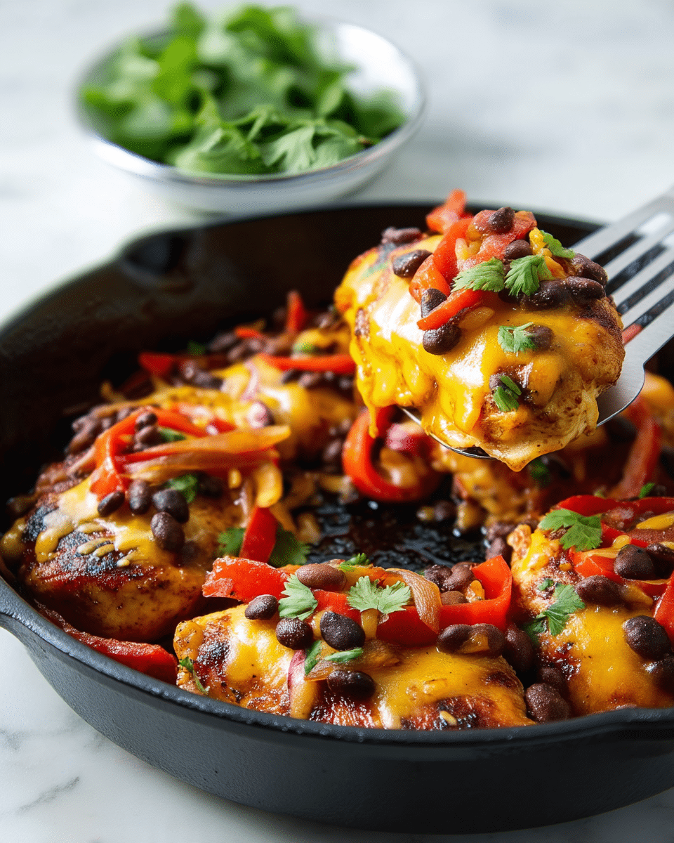 A close-up of cooked chicken breasts in a black cast iron skillet, each piece topped with melted yellow cheese that covers the surface unevenly. On top of the cheese is a mix of bright red, sliced bell peppers and cooked black beans scattered around, with a few pieces of cooked, translucent onions adding texture. Small green cilantro leaves are sprinkled on the colorful mixture. A silver spatula is lifting one piece of the chicken out of the skillet, showing the nicely browned bottom layer of the chicken. The background is a white marbled surface, and part of a white bowl with green leafy herbs is visible at the top corner. Photo taken with an iphone --ar 4:5 --v 7