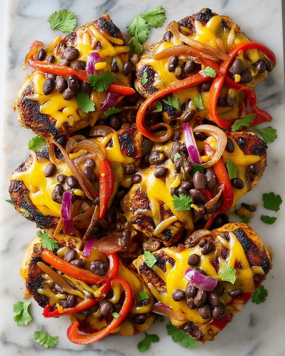The dish shows six grilled chicken breasts topped with melted yellow cheddar cheese, scattered black beans, sautéed red bell pepper strips, and caramelized onion slices. The chicken pieces are browned and slightly charred with the cheese melting unevenly over each piece. Fresh green cilantro leaves are sprinkled across the top, adding a fresh contrast to the warm colors. The food is served on a white marbled surface. photo taken with an iphone --ar 4:5 --v 7