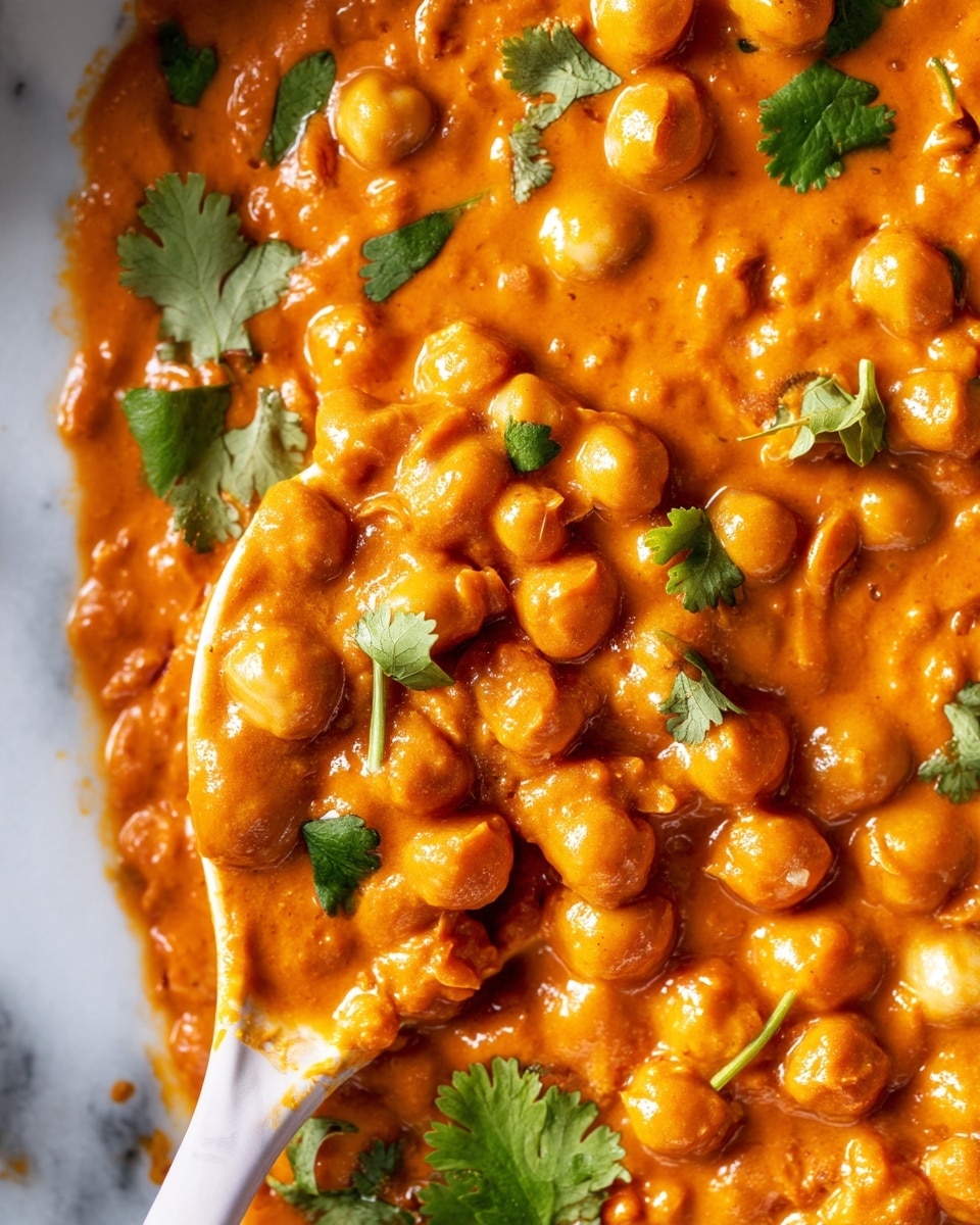A close-up image showing a creamy orange chickpea curry with a thick sauce texture and glossy surface. There are small round chickpeas evenly mixed throughout the dish, with some fresh green cilantro leaves scattered on top for color contrast. A white spoon partially scoops up the curry at the right side, showing the dish’s dense and rich texture. The background is a soft white marbled texture that highlights the vibrant orange curry. Photo taken with an iphone --ar 4:5 --v 7