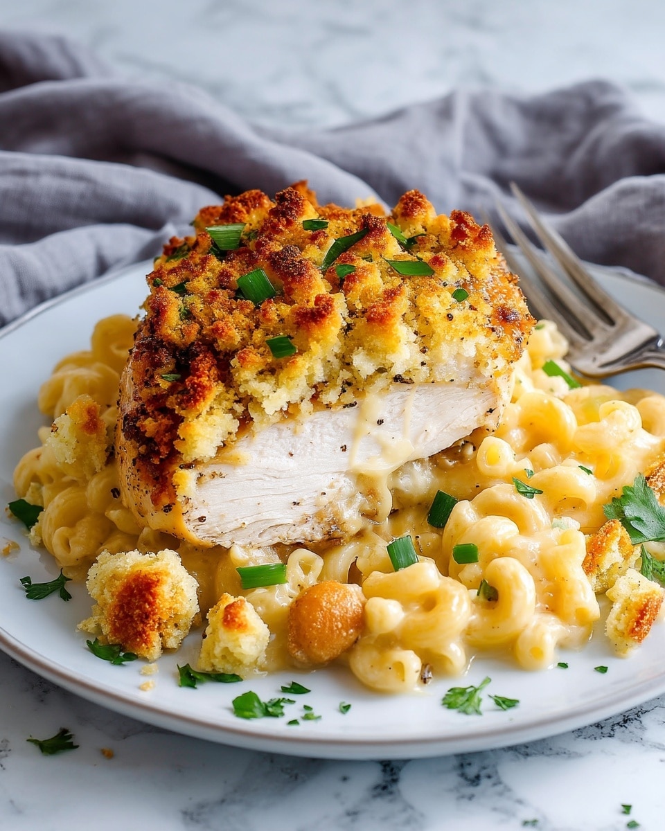 The image shows a white plate holding a serving of baked chicken topped with a golden-brown crumb topping, scattered with small green herb pieces. Underneath the topping, a thick white chicken breast is visible, moist and tender with a bit of black pepper seasoning. Surrounding the chicken on the plate is a layer of creamy macaroni and cheese with small elbow pasta coated in rich, melted cheese sauce. Some crumb topping pieces and herbs are scattered around the plate edges, and a silver fork rests next to the dish. The setting includes a soft gray fabric and a white marbled surface beneath. Photo taken with an iphone --ar 4:5 --v 7