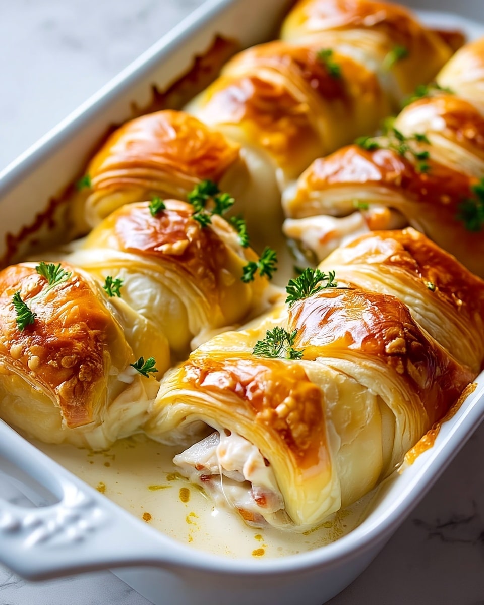 Golden brown, shiny puff pastry rolls are arranged closely inside a white baking dish, each roll showing layers of thin, flaky dough wrapping a creamy white filling with bits of chicken and melted cheese. The top layer of the pastry is crisp and glossy with a slightly uneven texture, while small fresh green parsley sprigs are placed on top of some rolls for color contrast. The creamy sauce at the bottom of the dish is light beige, pooling slightly around the base of the rolls and adding a rich look. The background is a soft white marbled texture. Photo taken with an iphone --ar 4:5 --v 7