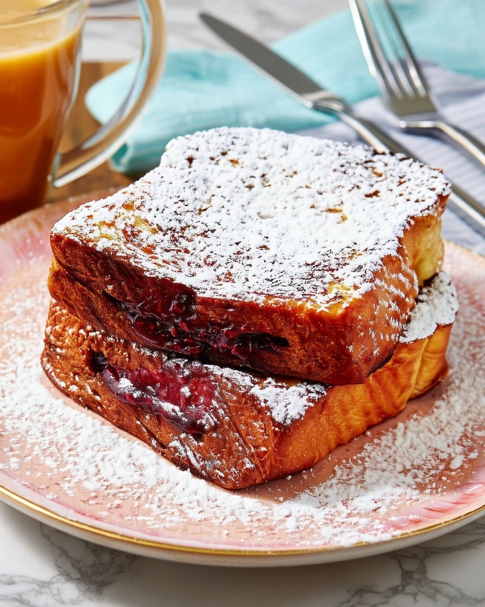 This is a close-up of a sandwich cut in half, showing three layers in total. The top and bottom layers are light golden brown toasted bread with a slightly crispy texture. Between the bread layers are two thick layers of bright red jam that looks thick and slightly sticky. The sandwich is dusted lightly with white powdered sugar on top. A small piece of the sandwich is cut and held by a silver fork at the bottom right. The sandwich sits on a white plate with a pink inside rim, all placed on a white marbled texture surface. Photo taken with an iphone --ar 4:5 --v 7
