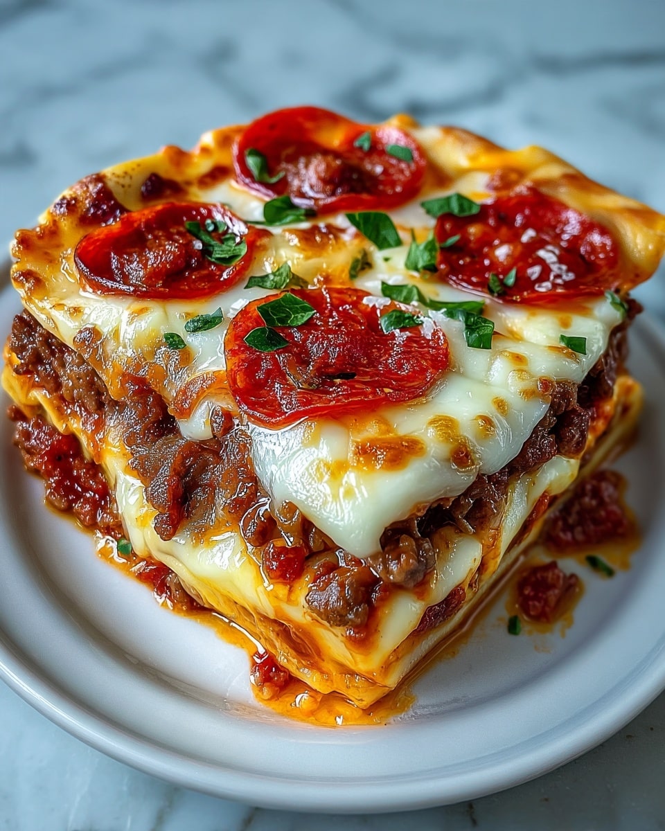 A close-up of a square slice of lasagna shows multiple layers starting from the bottom with a light golden pasta layer, followed by a thick layer of meaty tomato sauce with browned ground beef, then a melted white cheese layer with browned spots, another layer of pasta, a second thick layer of meaty sauce with cheese, and finally a top layer of melted white cheese dotted with glossy pepperoni slices and sprinkled with fresh green chopped herbs. The lasagna is served on a white plate resting on a white marbled textured surface. The photo taken with an iphone --ar 4:5 --v 7