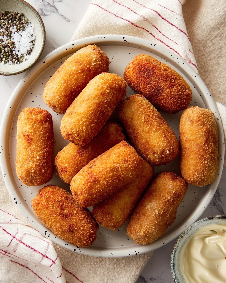 A white plate with black speckles holds eight breaded and fried croquettes with a golden brown, crunchy outer layer. One croquette is cut in half at the front, showing a soft, pale pink and white inside mixed with small bits of green herbs. The plate sits on a white marbled textured surface. photo taken with an iphone --ar 4:5 --v 7