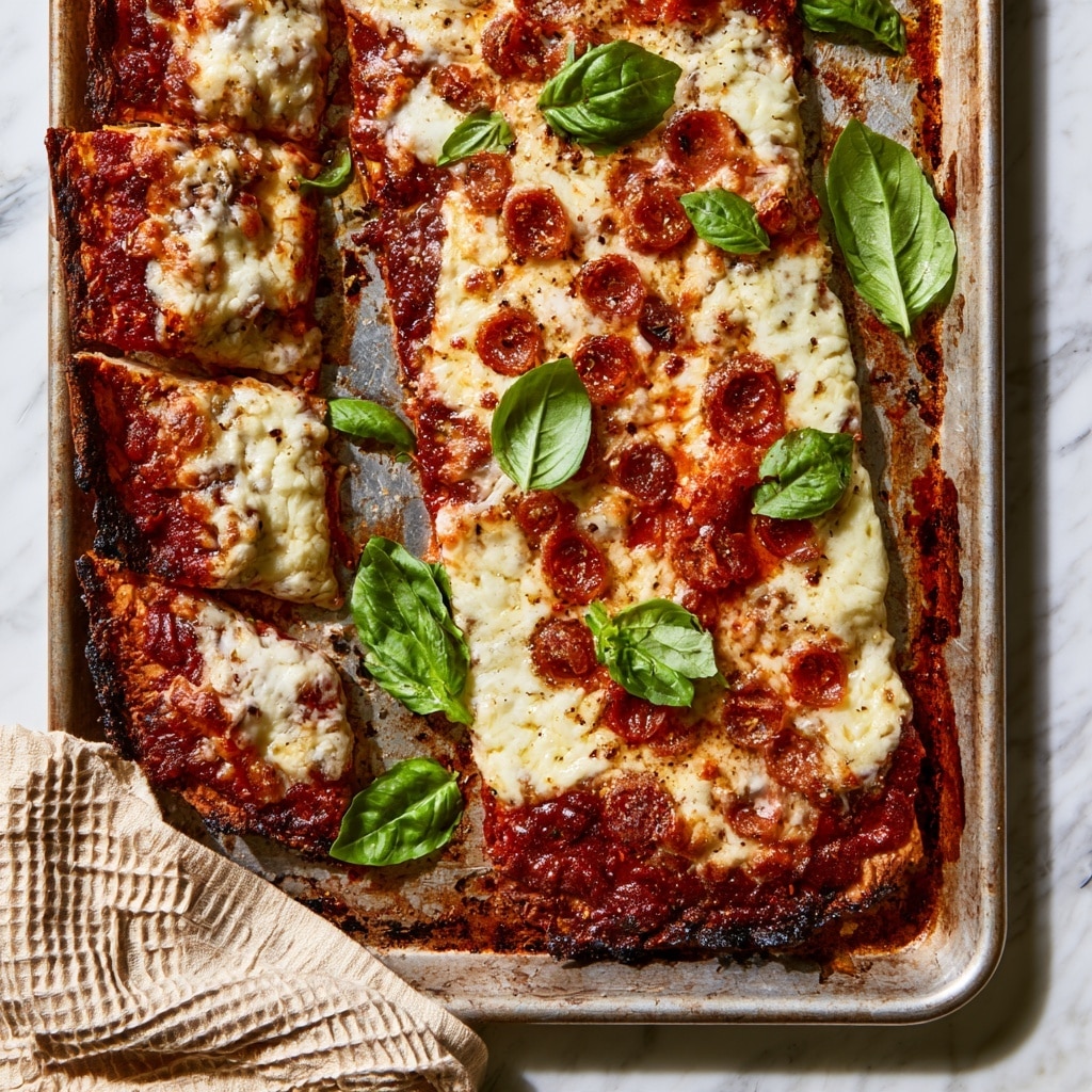 A rustic metal tray holds a long, thin pizza with several slices cut on the left side, showing browned, crispy edges. The pizza has three main layers: a dark red tomato sauce base, a thick middle layer of melted white cheese with a slightly bubbly texture, and small, round, reddish-brown pepperoni slices spread evenly on top. Bright green basil leaves are scattered across the pizza and the tray, adding a fresh contrast. The tray shows signs of use with burnt marks and stains, and a folded beige-striped waffle cloth rests on the bottom left corner. The background has a white marbled texture. Photo taken with an iphone --ar 4:5 --v 7