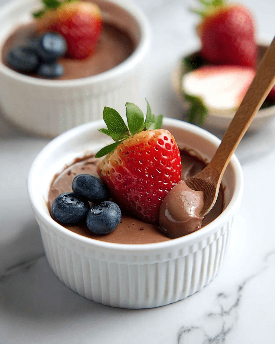 A white ramekin filled with smooth, creamy chocolate mousse forms the base layer, topped with half a strawberry showing a gradient of red to white and its green leaves, and three small, round, fresh blueberries with a deep blue color positioned beside the strawberry. A wooden spoon rests inside the ramekin, scooping some of the mousse. The ramekin sits on a white marbled surface, and in the blurry background, there is a halved strawberry and another white ramekin. photo taken with an iphone --ar 4:5 --v 7