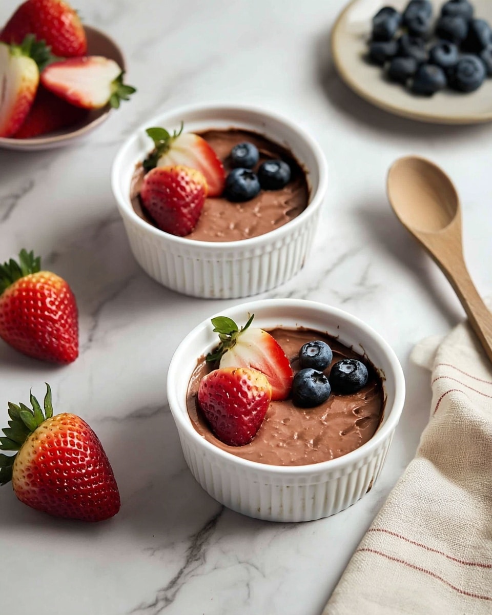 Two white ramekins filled with smooth, creamy chocolate mousse are placed on a white marbled surface, each topped with a layer of fresh fruit: one half strawberry with red and white hues and three plump, deep blue blueberries. In the background, there is a shallow white bowl holding more strawberries and a white plate with a small pile of blueberries. A woman’s hand holding a wooden spoon is partially visible near the mousse in the foreground. Scattered around are a few fresh strawberries, and a beige linen cloth is also placed nearby. The overall scene is bright and clean with soft natural lighting. photo taken with an iphone --ar 4:5 --v 7