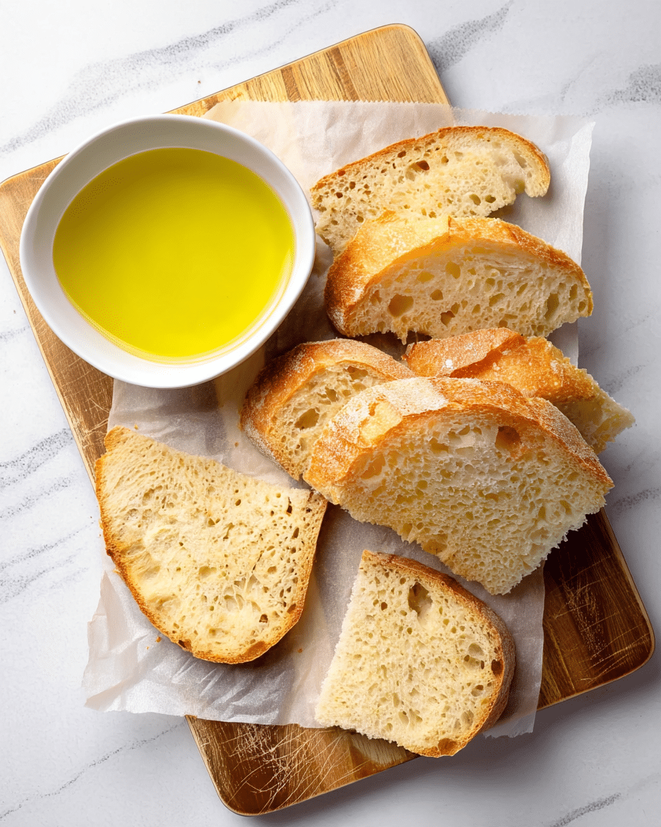 Several pieces of light golden brown crusty bread with soft, airy interiors are scattered on a wooden cutting board lined with white parchment paper. To the left of the cutting board sits a small white bowl filled with pale yellow olive oil. The cutting board and bowl rest on a smooth white marbled surface. The bread slices show different shapes and textures, with some edges more crispy and others soft. Photo taken with an iphone --ar 4:5 --v 7