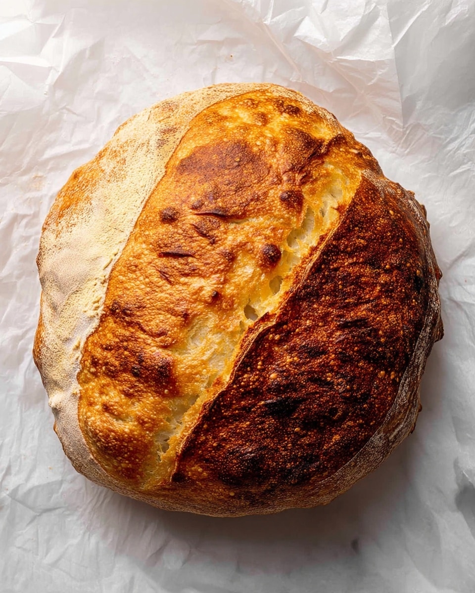 A round loaf of bread with a thick, golden-brown crust covering about one-third of the top right side, while the remaining two-thirds has a pale, floured, matte surface. The crust looks crispy and textured, with darker brown spots showing some charring. The loaf rests directly on a crumpled white paper sheet, all set on a white marbled texture. photo taken with an iphone --ar 4:5 --v 7