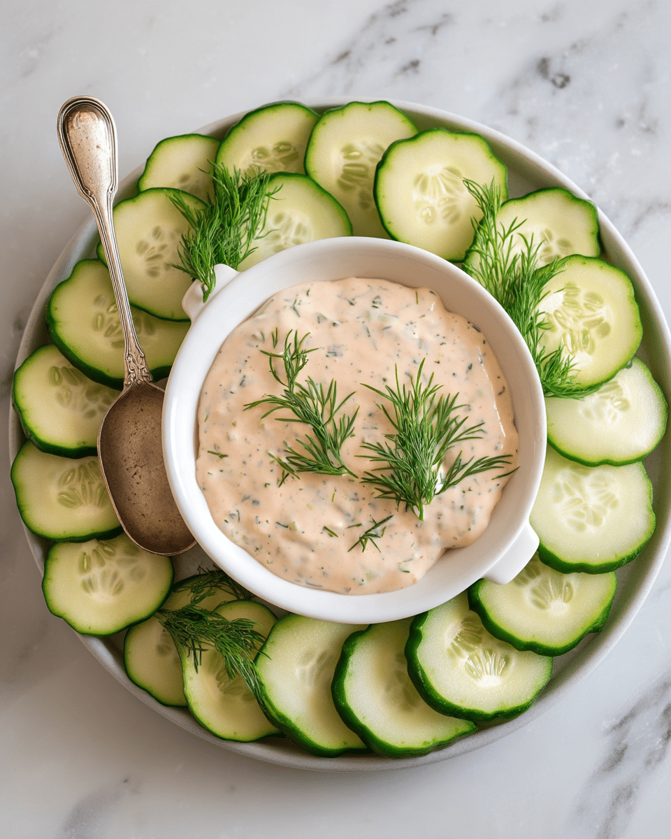 A white round plate shows thinly sliced cucumber pieces arranged in a neat circle around a smaller white bowl filled with a creamy dip. The dip is light beige with green herbs mixed in, and small sprigs of fresh dill garnish the top. A vintage silver spoon with ornate details rests inside the bowl on the left side, touching the creamy dip. The whole scene is set on a white marbled surface. photo taken with an iphone --ar 4:5 --v 7
